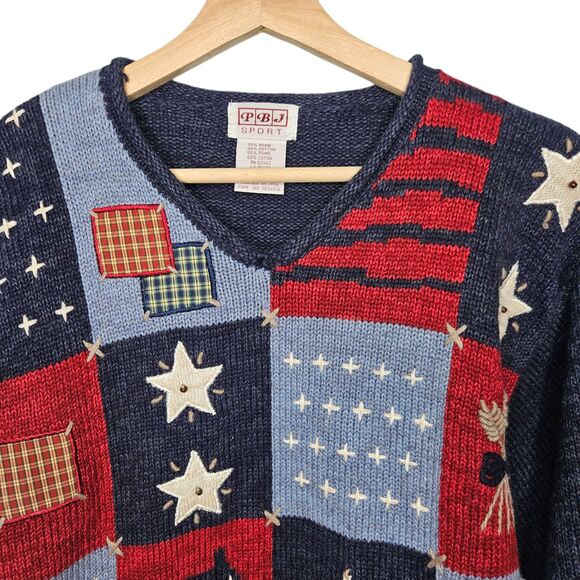 PBJ Sport Vintage Sweater Women's Large Chunky Knit Americana Patchwork Folk - Picture 2 of 9